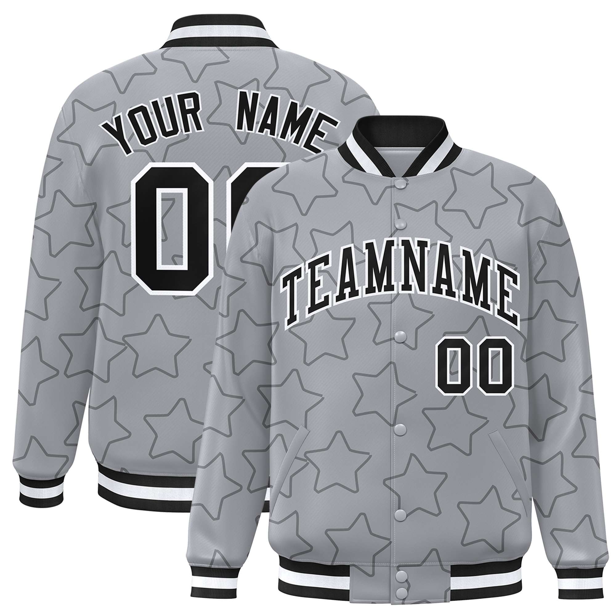 Custom Gray Black Varsity Full-Snap Star Pattern Letterman Baseball Jacket