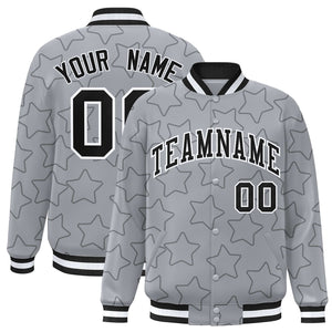 Custom Gray Black Varsity Full-Snap Star Pattern Letterman Baseball Jacket