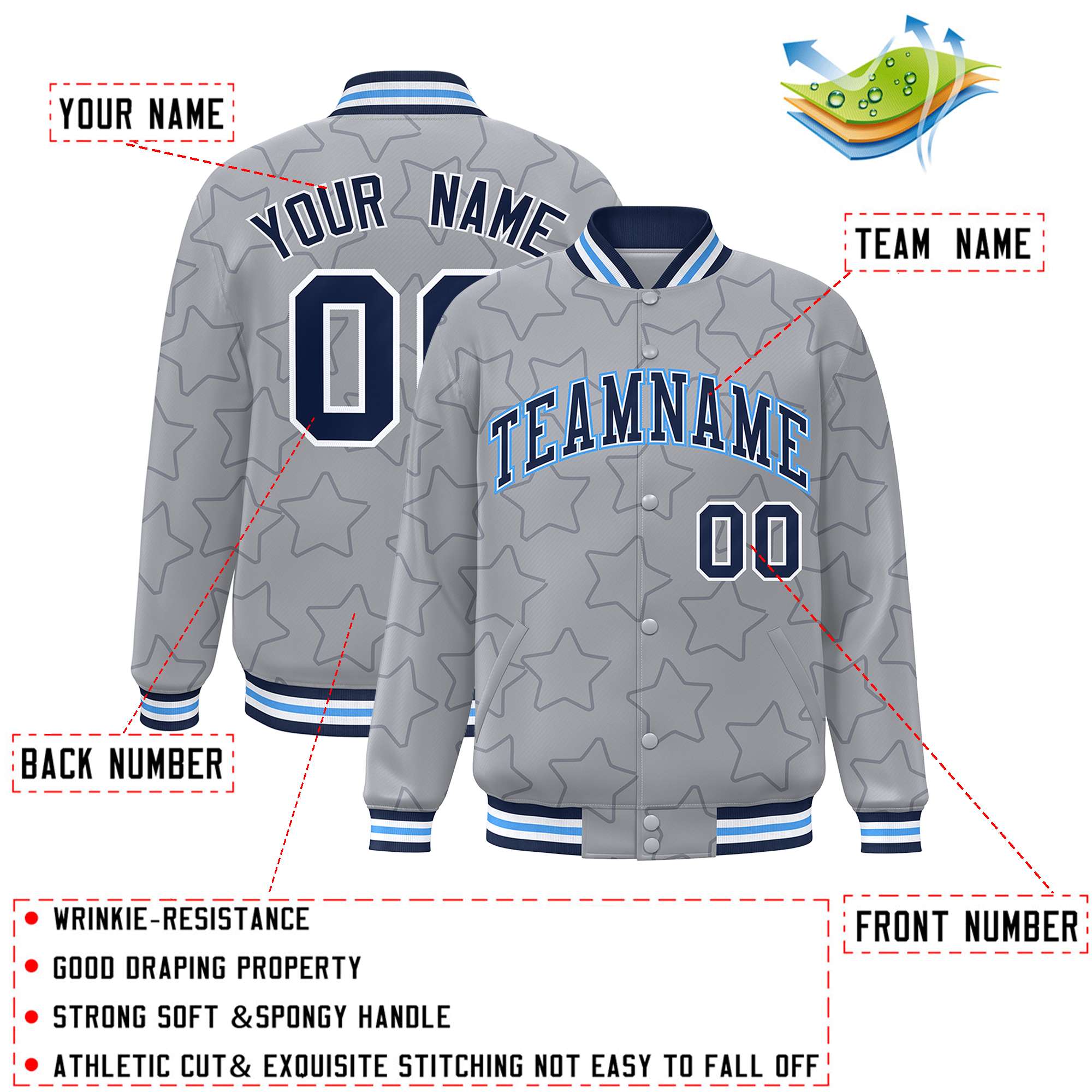 Custom Gray Navy Varsity Full-Snap Star Pattern Letterman Baseball Jacket