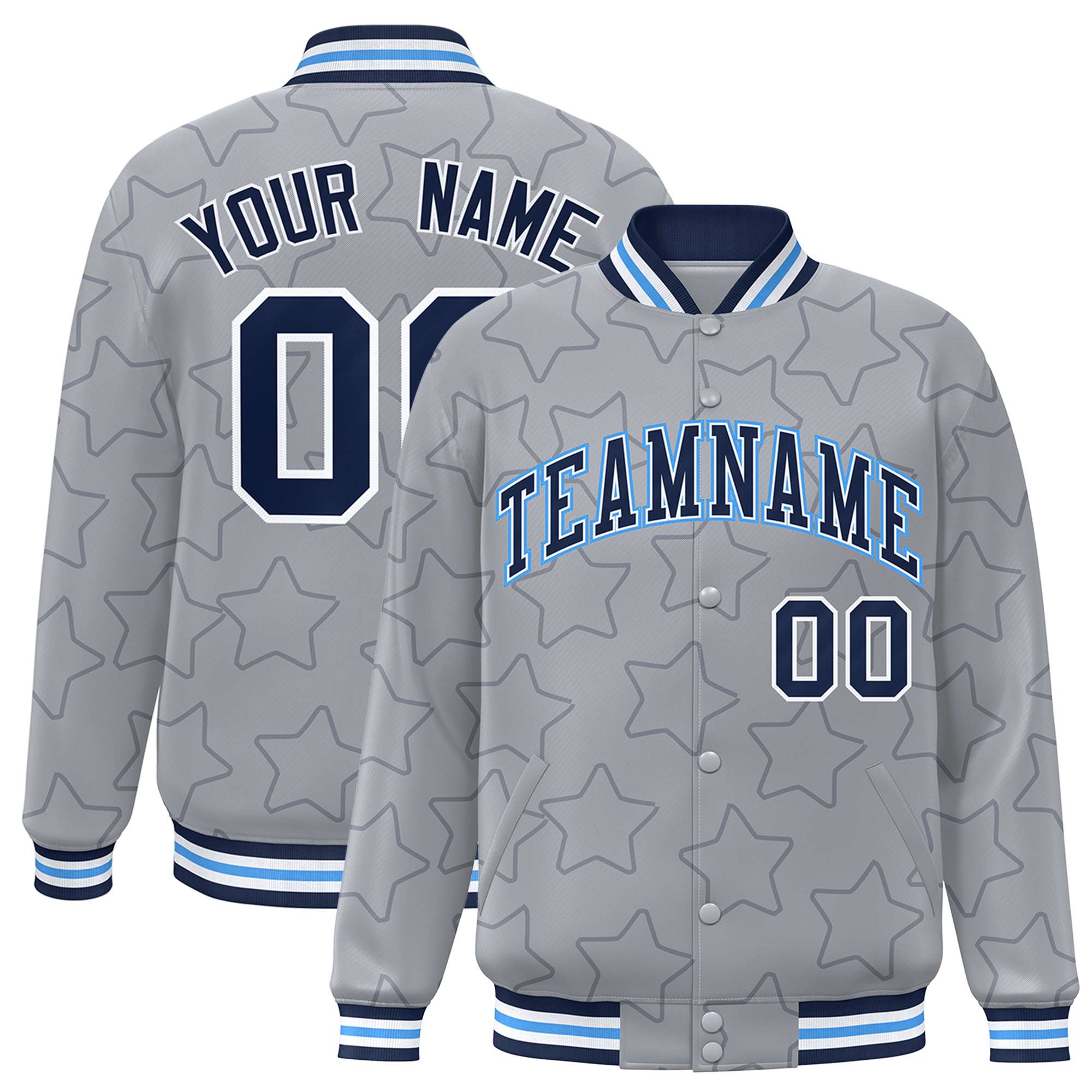 Custom Gray Navy Varsity Full-Snap Star Pattern Letterman Baseball Jacket