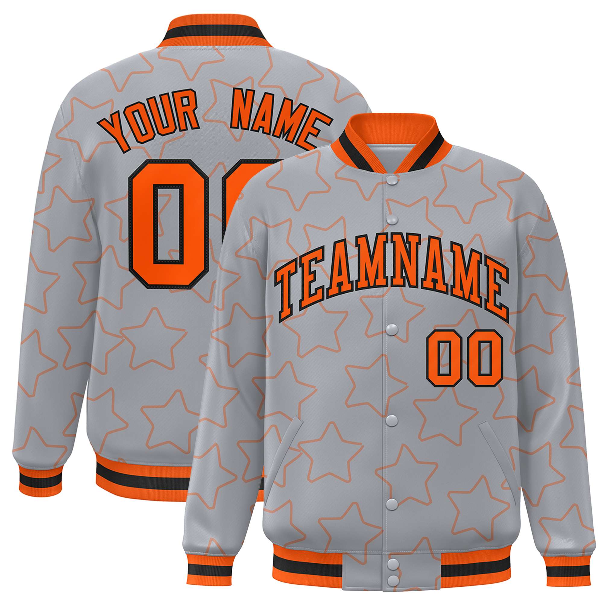 Custom Gray Orange Varsity Full-Snap Star Pattern Letterman Baseball Jacket