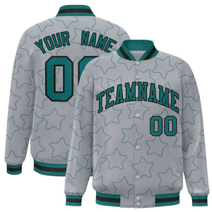 Custom Gray Aqua Varsity Full-Snap Star Pattern Letterman Baseball Jacket