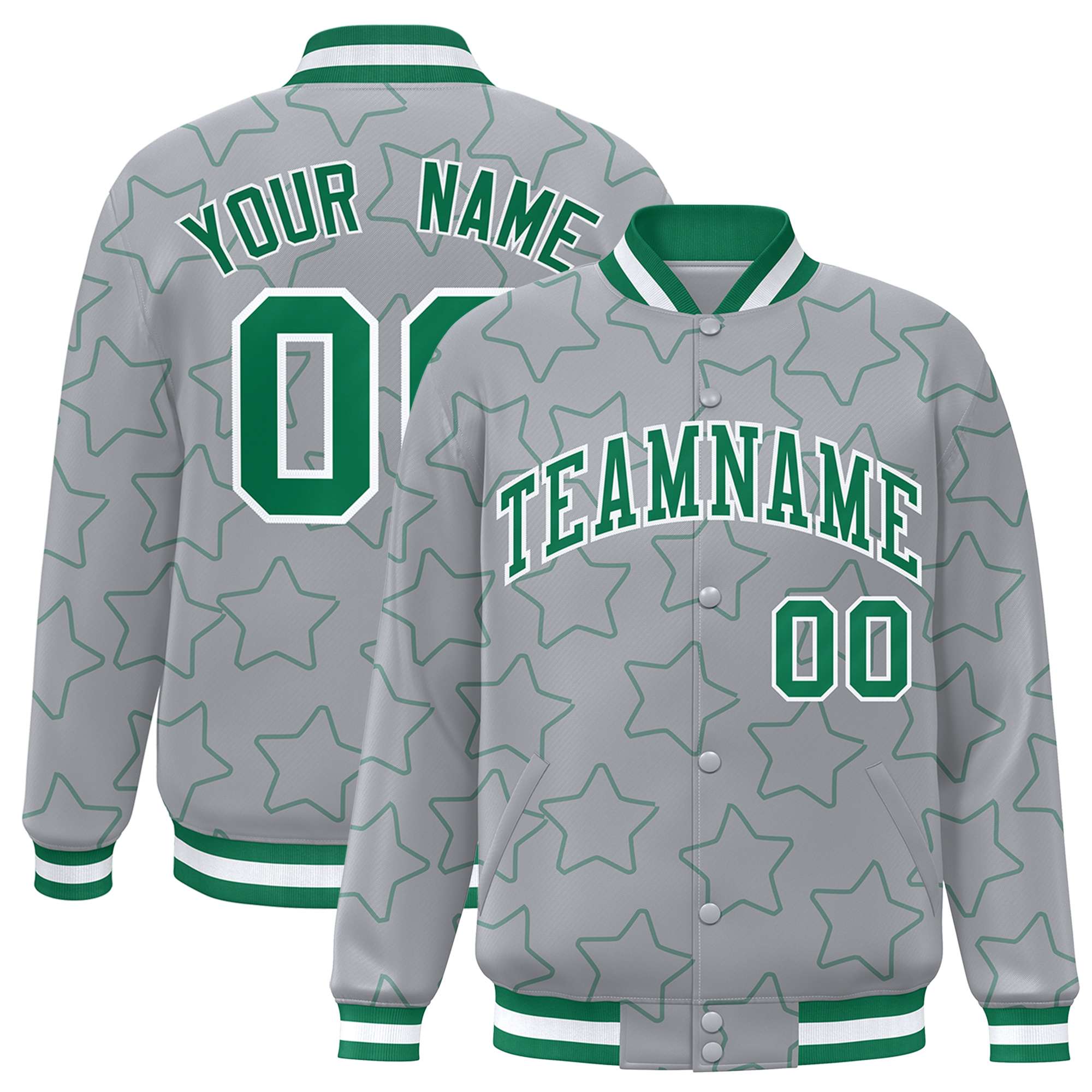 Custom Gray Kelly Green Varsity Full-Snap Star Pattern Letterman Baseball Jacket