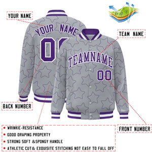 Custom Gray Purple Varsity Full-Snap Star Pattern Letterman Baseball Jacket