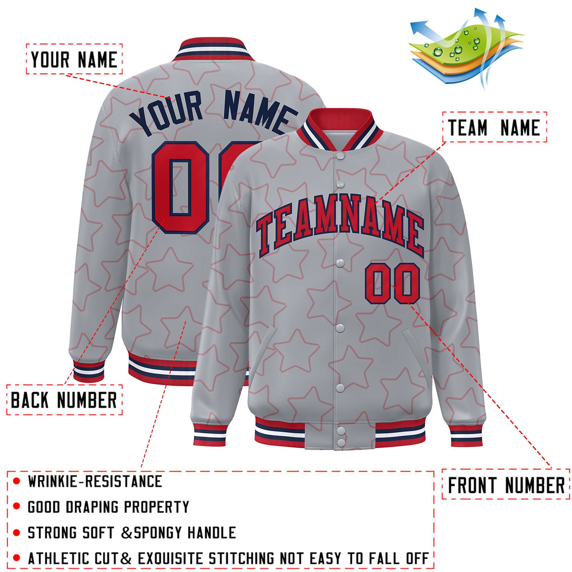 Custom Gray Red Varsity Full-Snap Star Pattern Letterman Baseball Jacket