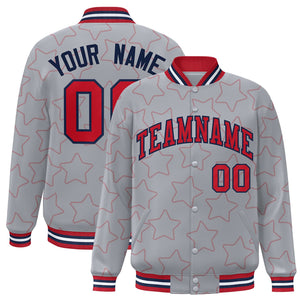 Custom Gray Red Varsity Full-Snap Star Pattern Letterman Baseball Jacket