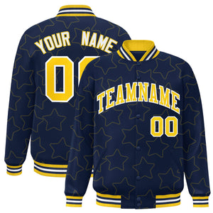 Custom Navy Gold Varsity Full-Snap Star Pattern Letterman Baseball Jacket