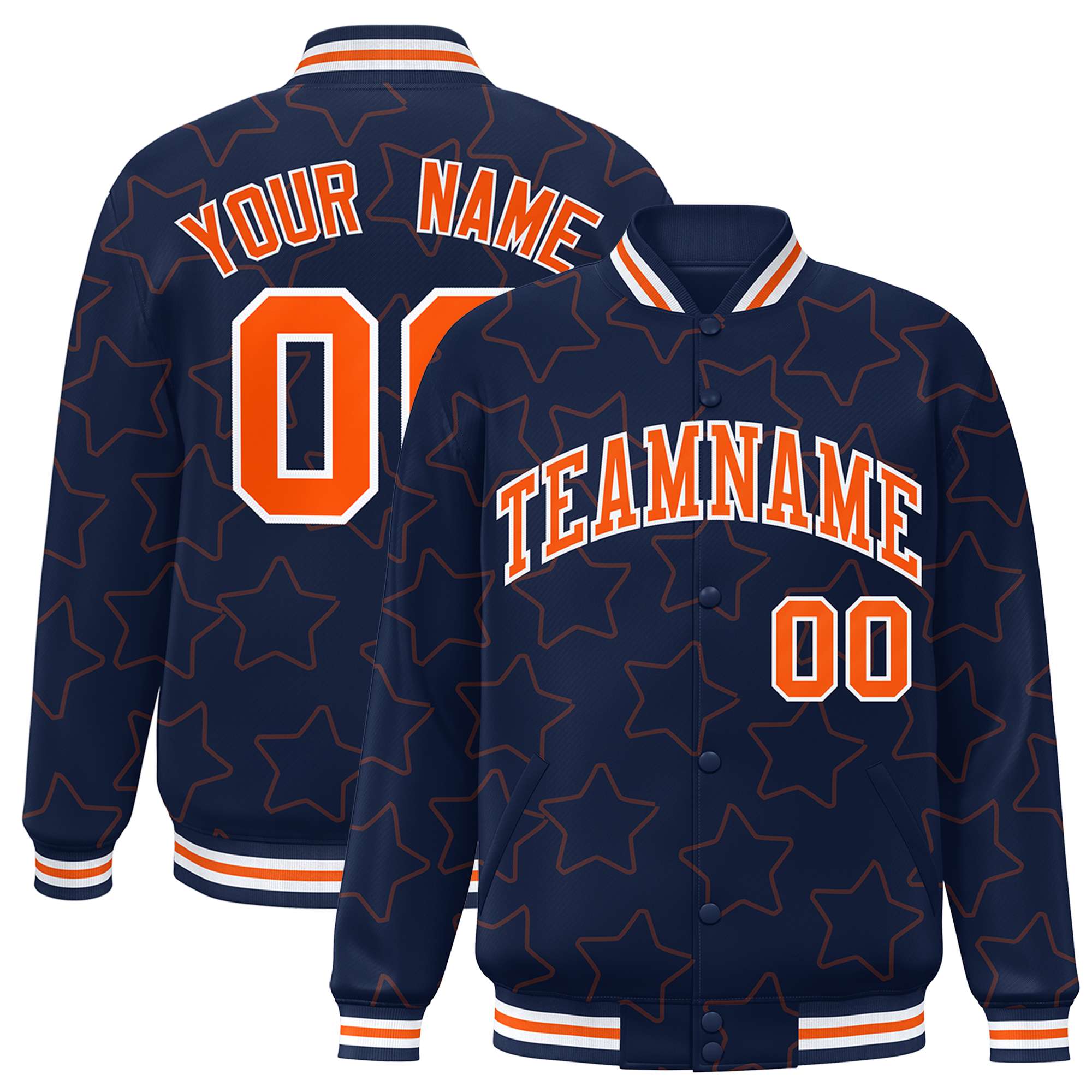 Custom Navy Orange Varsity Full-Snap Star Pattern Letterman Baseball Jacket