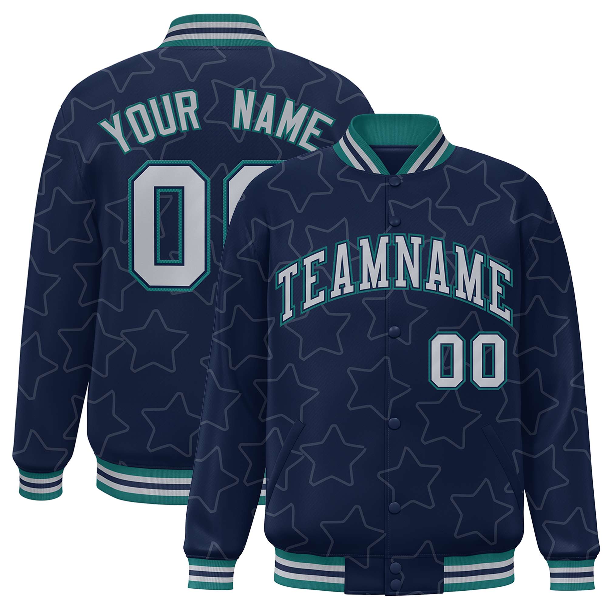 Custom Navy Gray Varsity Full-Snap Star Pattern Letterman Baseball Jacket