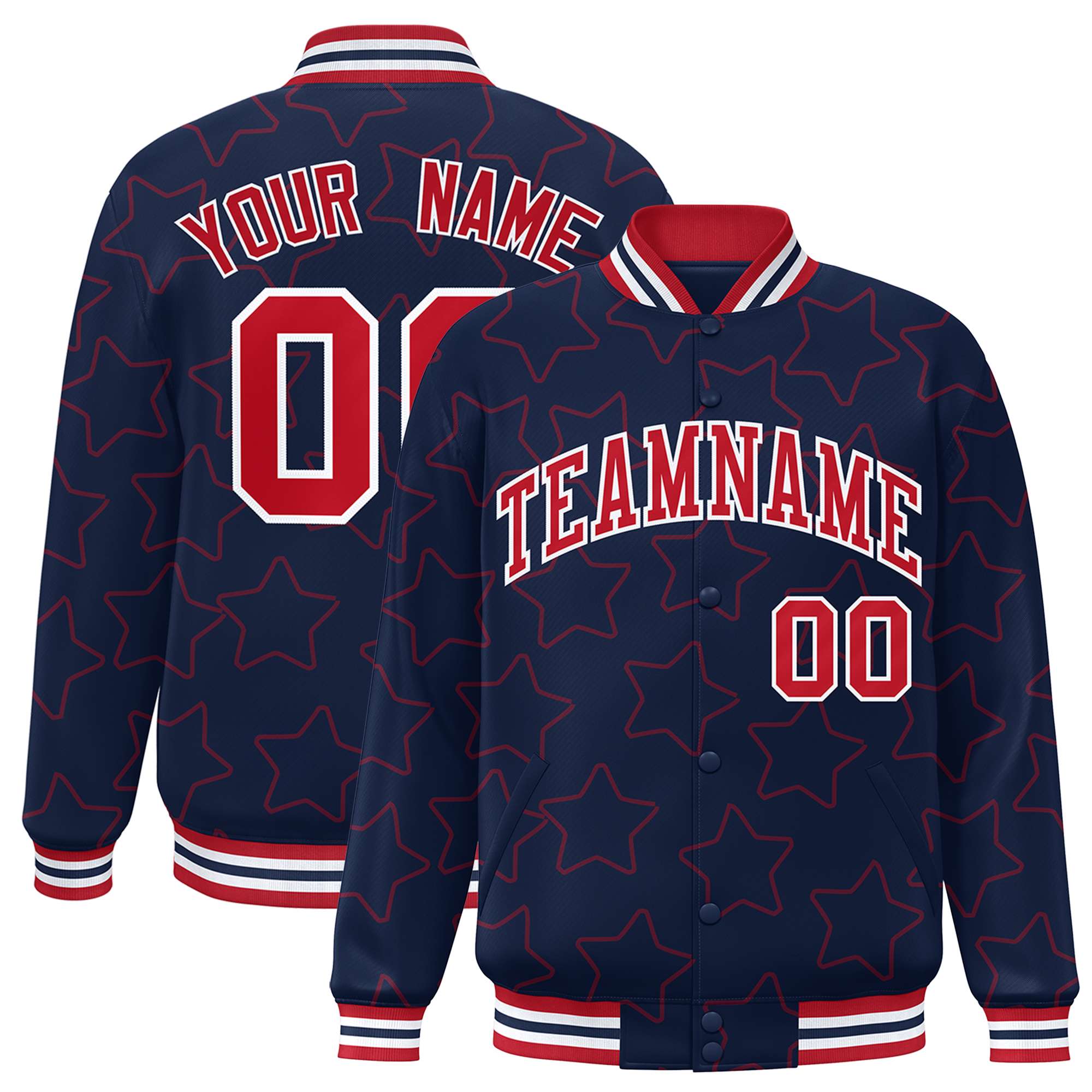 Custom Navy Red Varsity Full-Snap Star Pattern Letterman Baseball Jacket