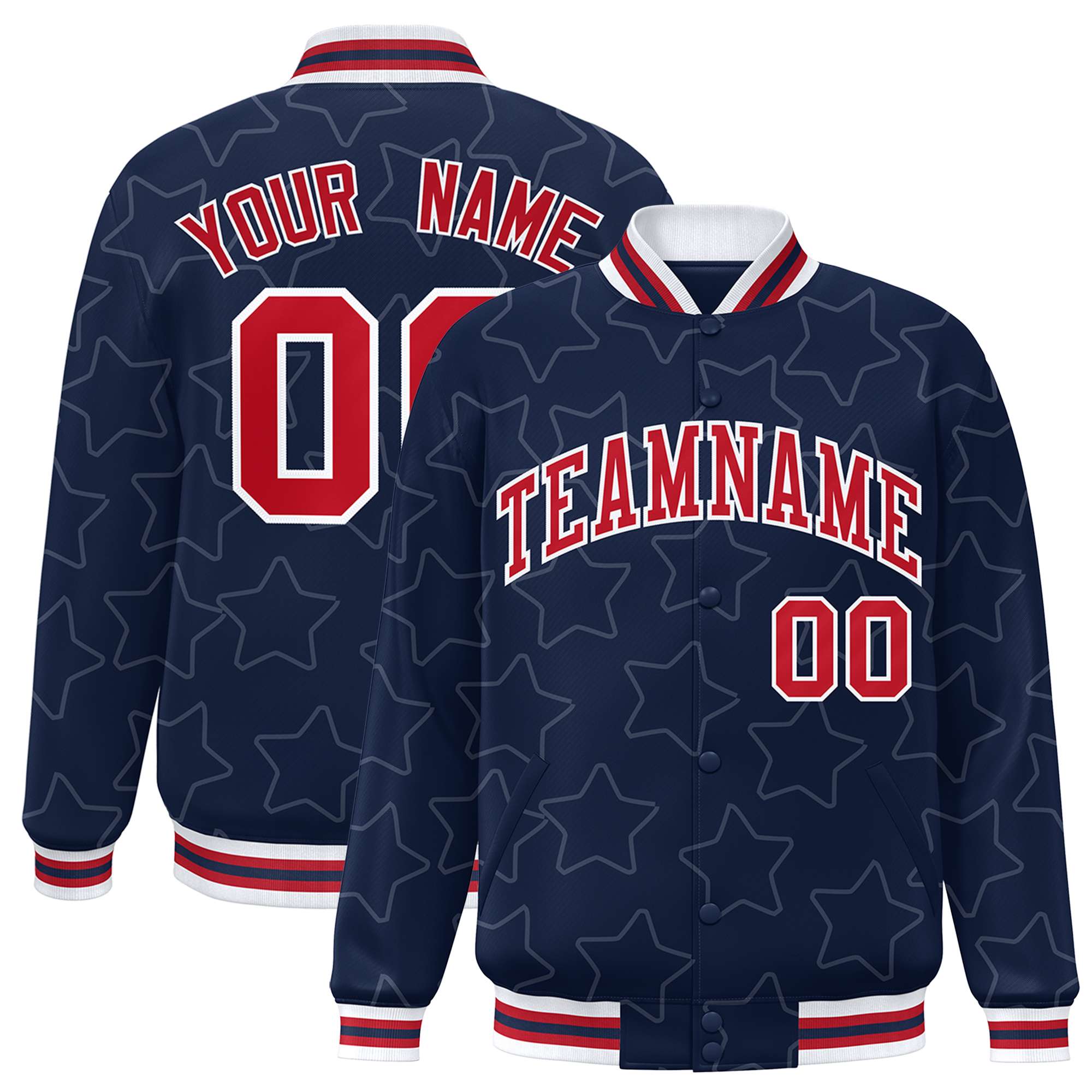 Custom Navy White Varsity Full-Snap Star Pattern Letterman Baseball Jacket