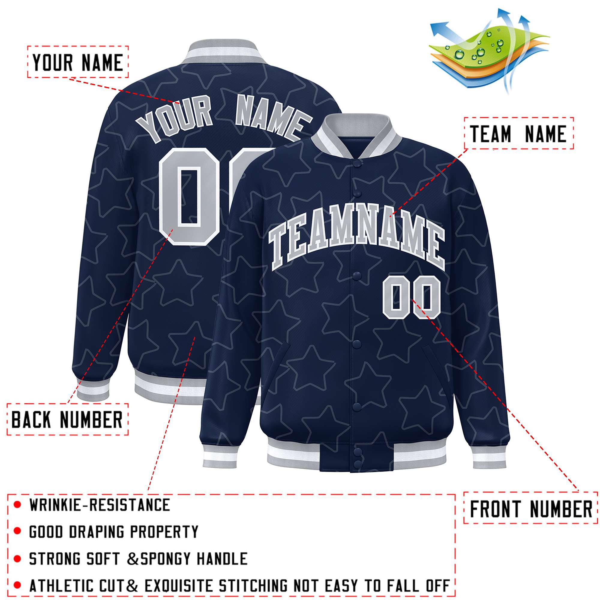 Custom Navy Gray Varsity Full-Snap Star Pattern Letterman Baseball Jacket