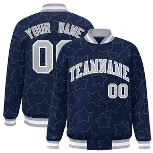 Custom Navy Gray Varsity Full-Snap Star Pattern Letterman Baseball Jacket