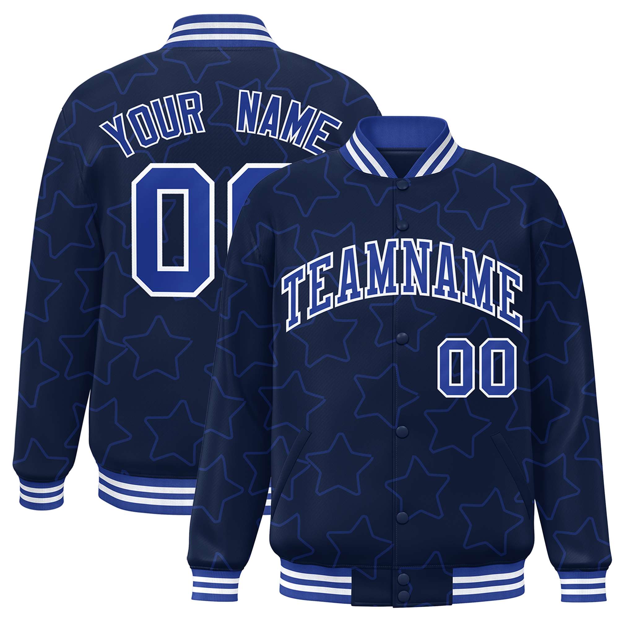 Custom Navy Royal Varsity Full-Snap Star Pattern Letterman Baseball Jacket