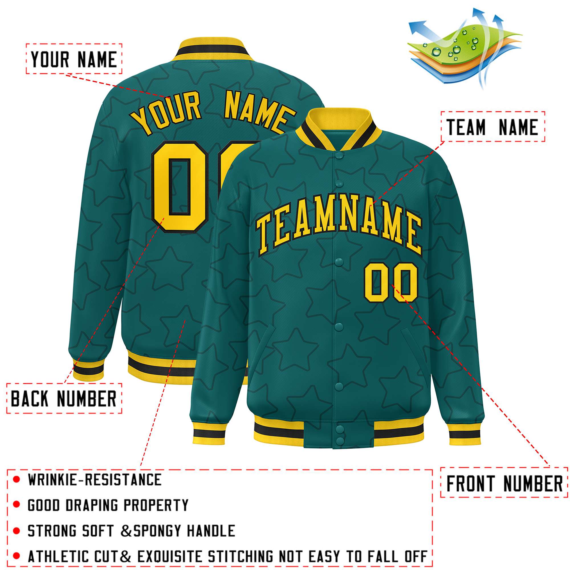 Custom Aqua Navy Varsity Full-Snap Star Pattern Letterman Baseball Jacket