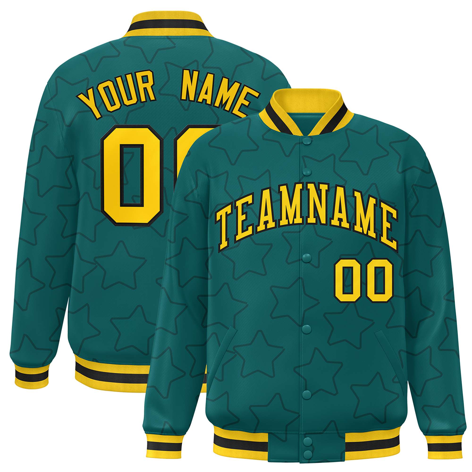 Custom Aqua Navy Varsity Full-Snap Star Pattern Letterman Baseball Jacket