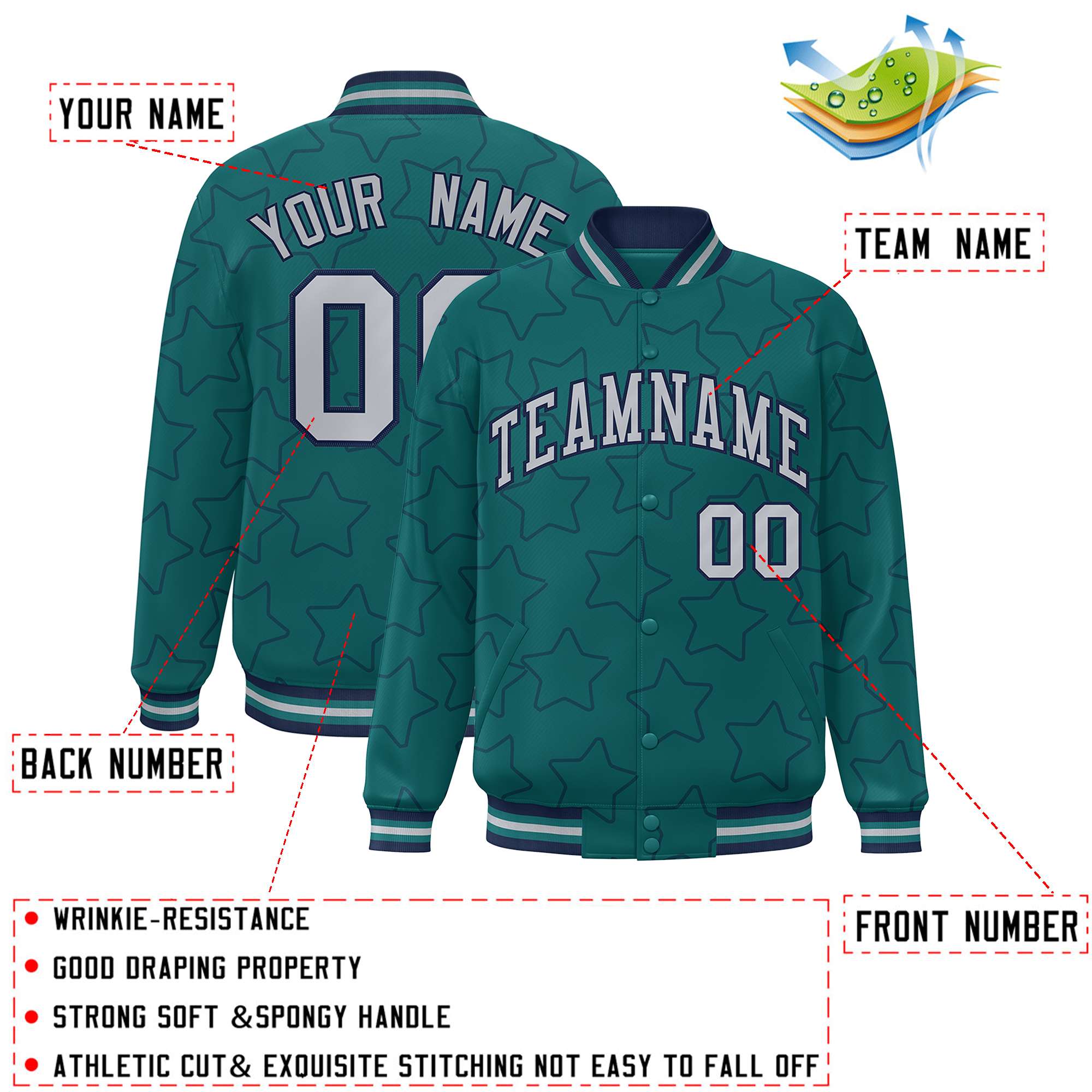 Custom Aqua Navy Varsity Full-Snap Star Pattern Letterman Baseball Jacket