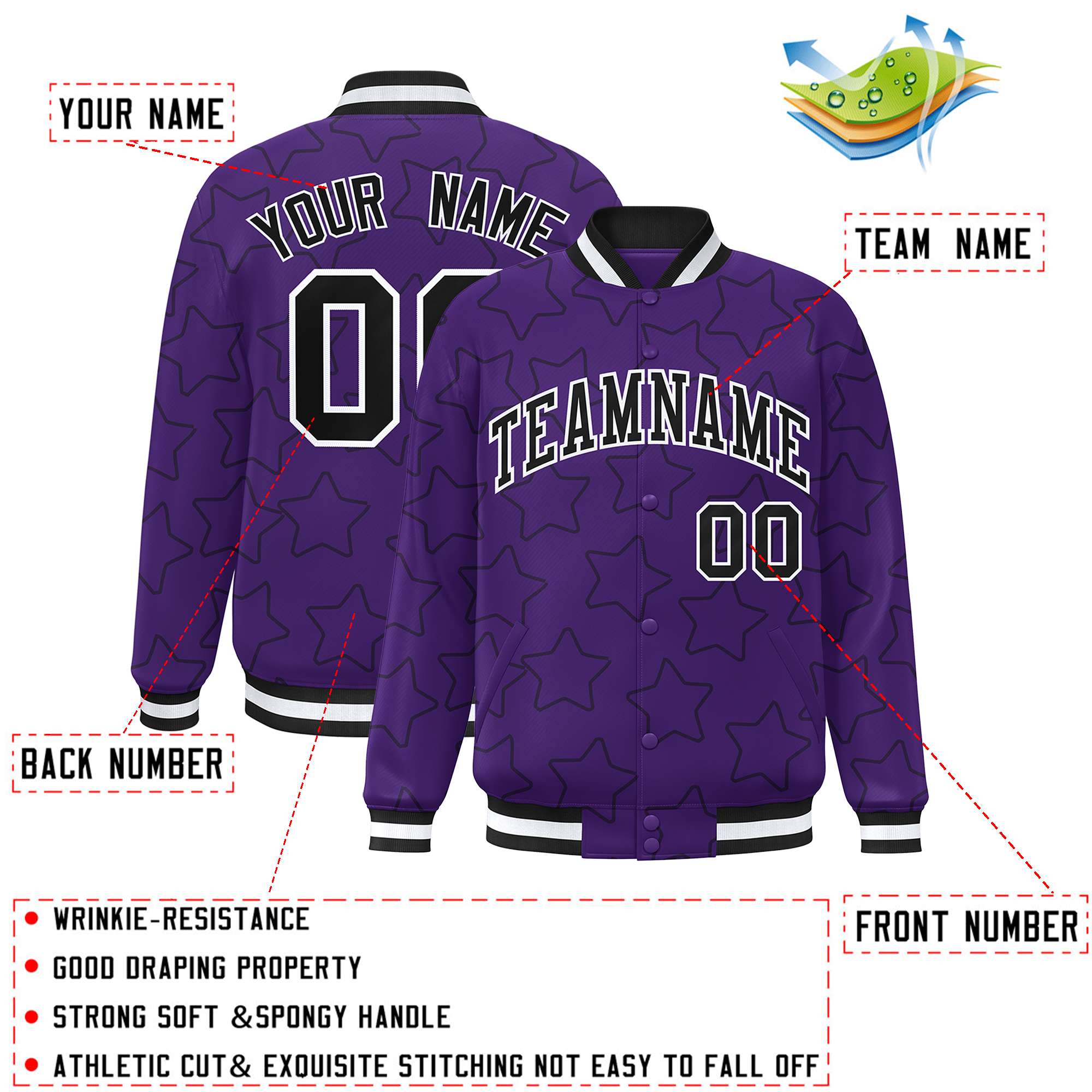 Custom Purple Black Varsity Full-Snap Star Pattern Letterman Baseball Jacket