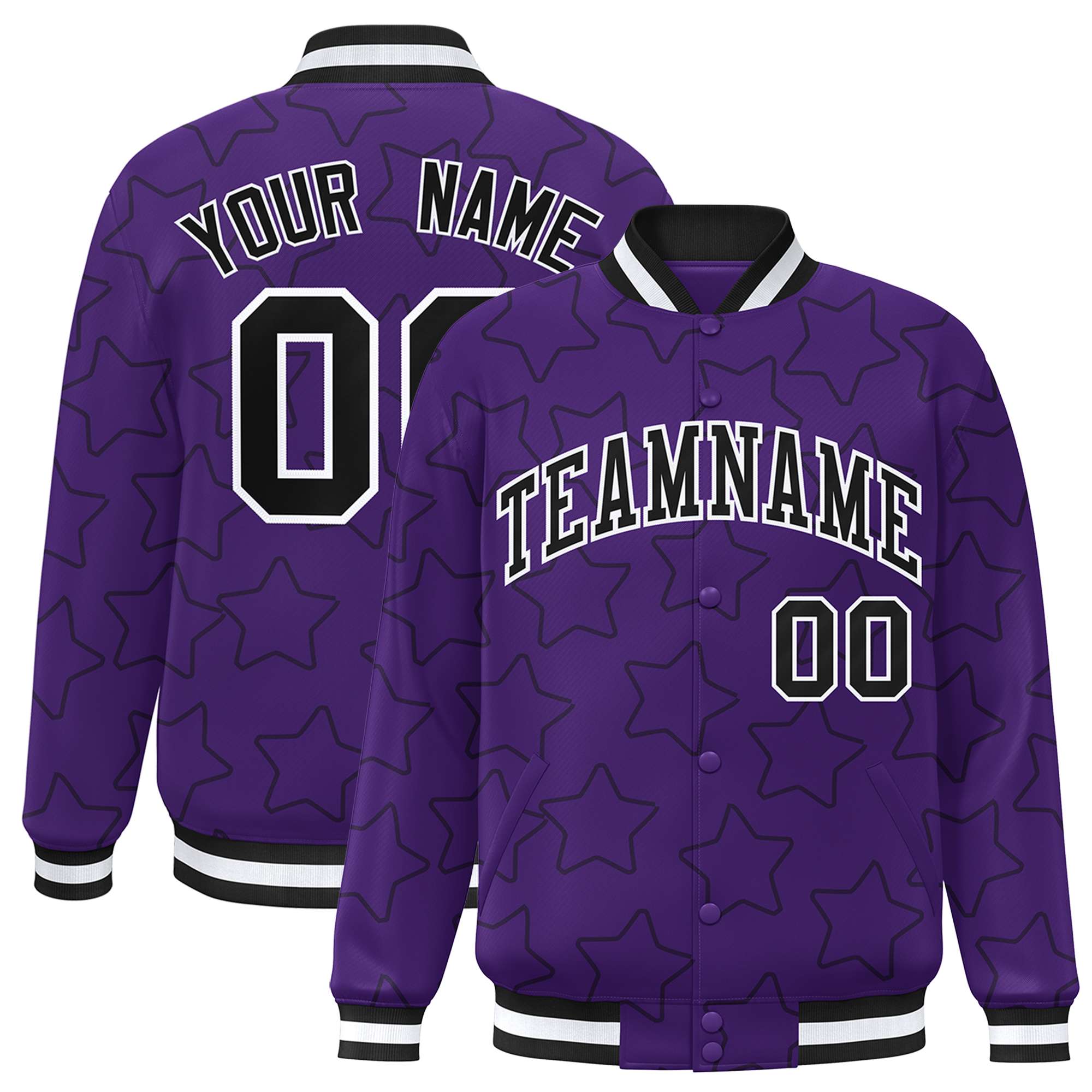 Custom Purple Black Varsity Full-Snap Star Pattern Letterman Baseball Jacket