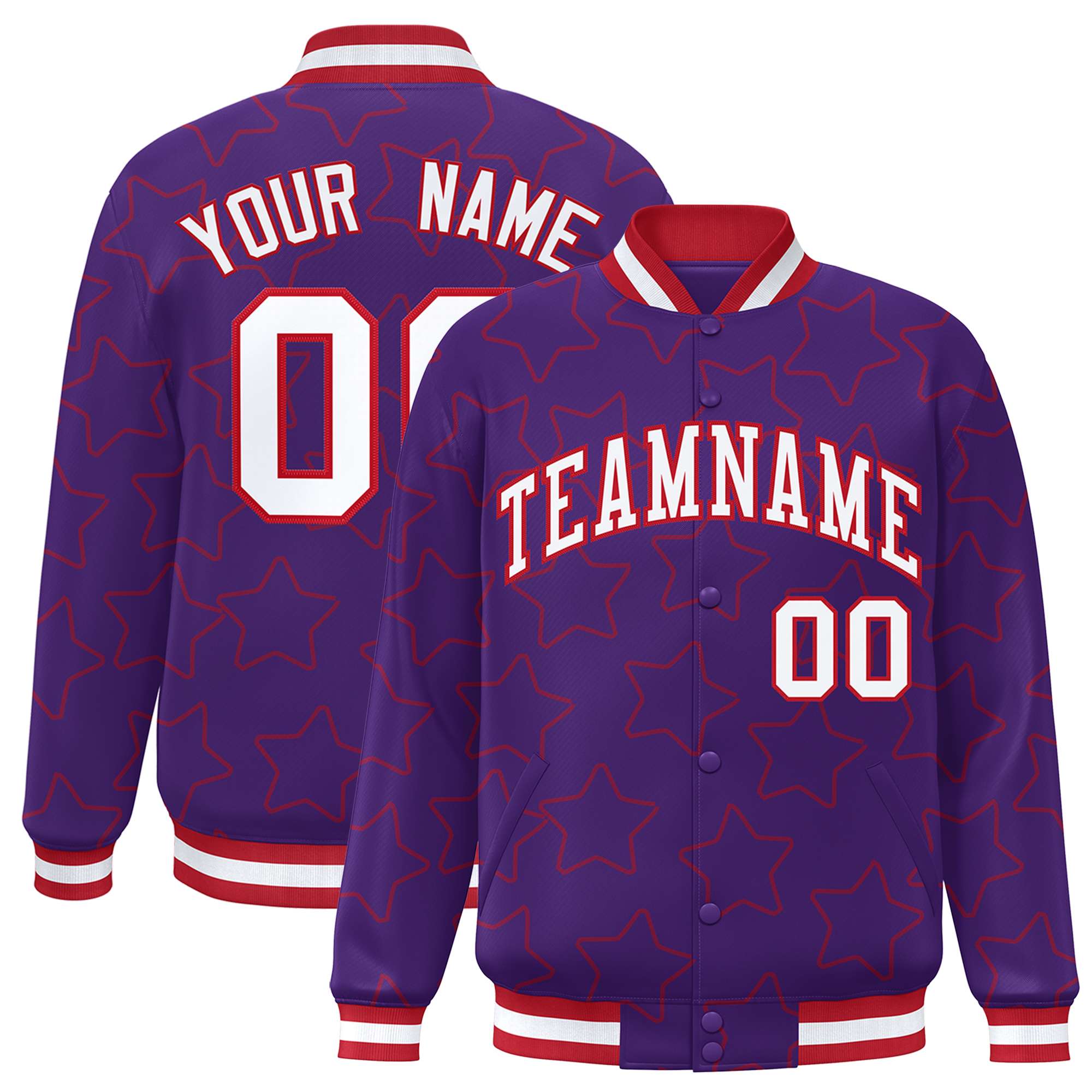 Custom Purple Red Varsity Full-Snap Star Pattern Letterman Baseball Jacket