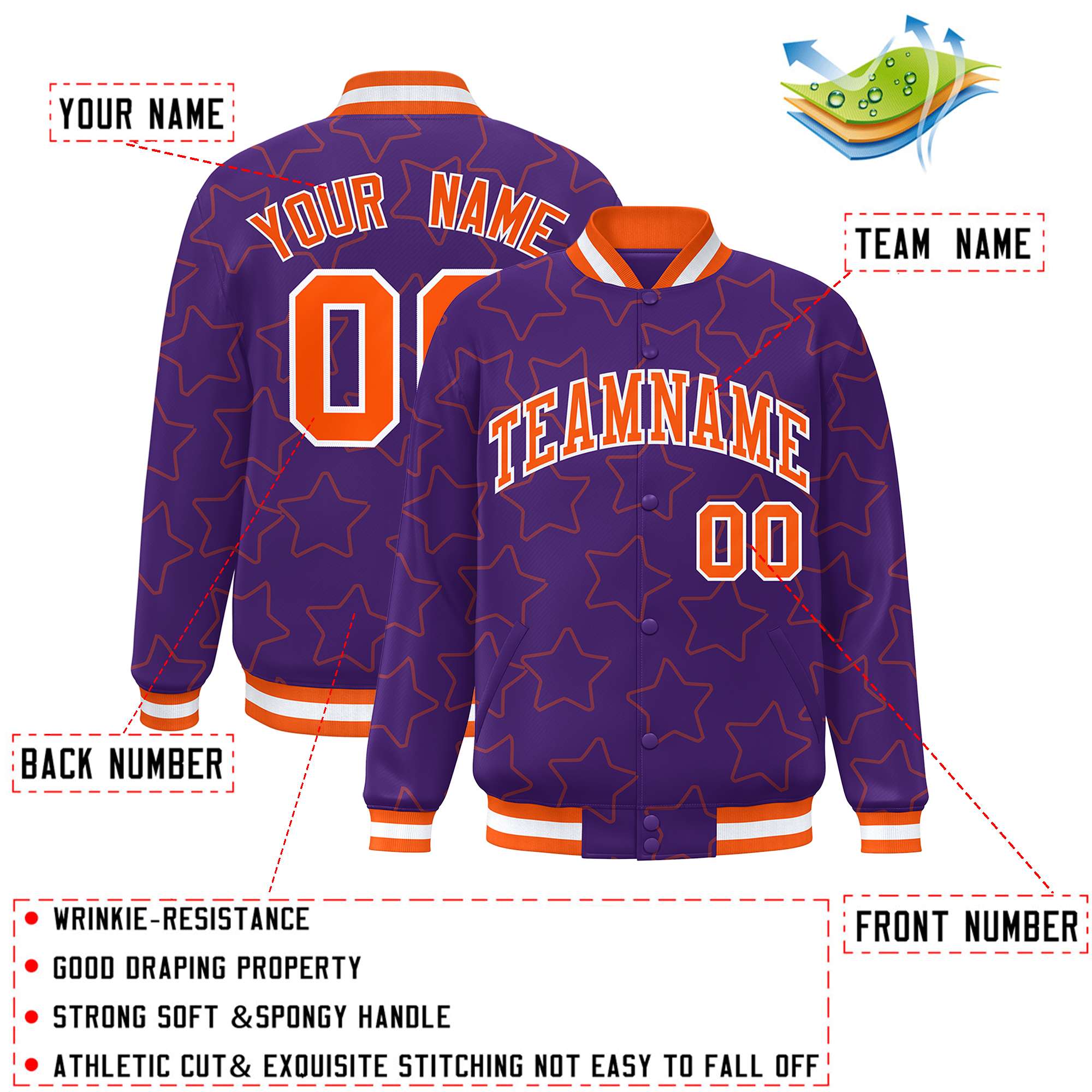 Custom Purple Orange Varsity Full-Snap Star Pattern Letterman Baseball Jacket