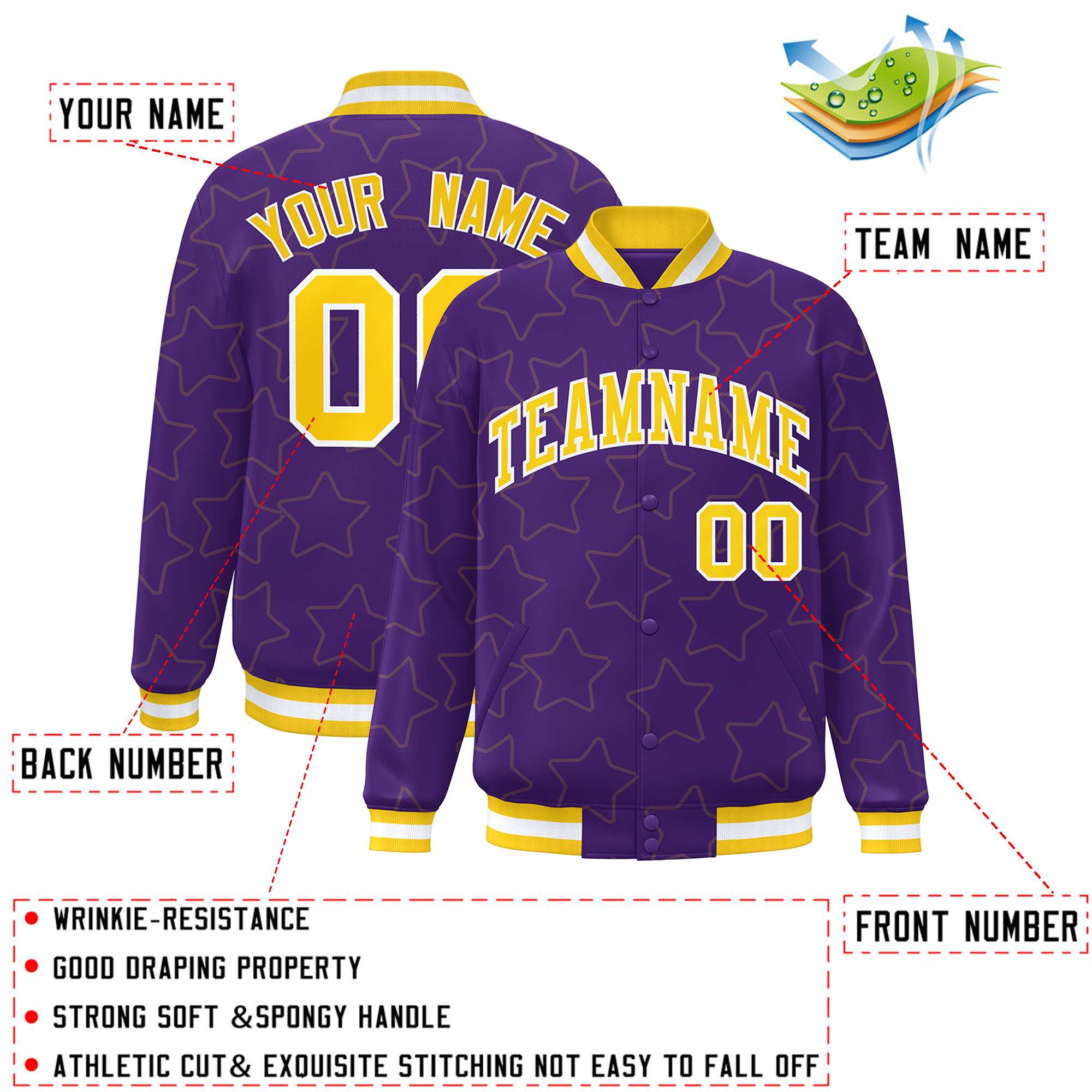 Custom Purple Gold Varsity Full-Snap Star Pattern Letterman Baseball Jacket