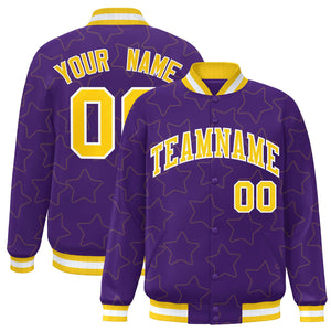 Custom Purple Gold Varsity Full-Snap Star Pattern Letterman Baseball Jacket