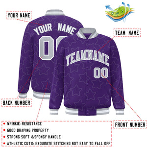 Custom Purple Gray Varsity Full-Snap Star Pattern Letterman Baseball Jacket