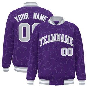 Custom Purple Gray Varsity Full-Snap Star Pattern Letterman Baseball Jacket