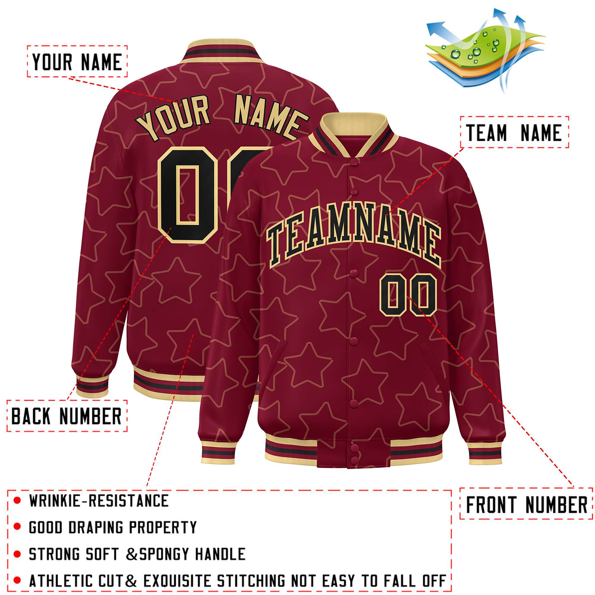 Custom Crimson Khaki Varsity Full-Snap Star Pattern Letterman Baseball Jacket