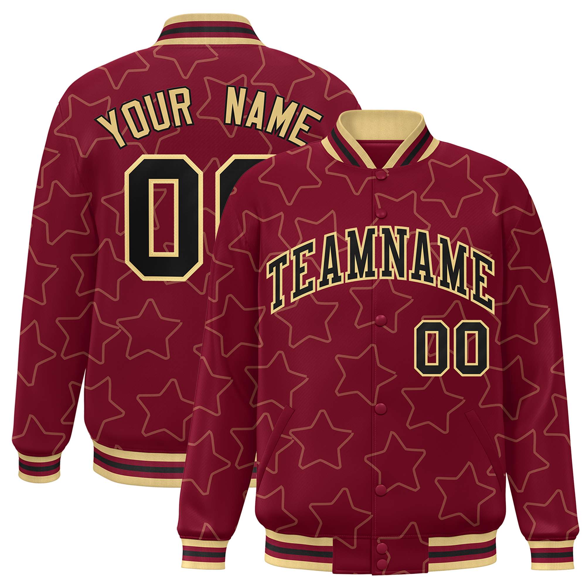 Custom Crimson Khaki Varsity Full-Snap Star Pattern Letterman Baseball Jacket