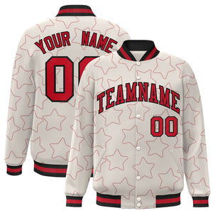 Custom Cream Red Varsity Full-Snap Star Pattern Letterman Baseball Jacket