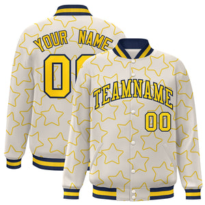 Custom Cream Gold Varsity Full-Snap Star Pattern Letterman Baseball Jacket