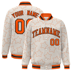 Custom Cream Orange Varsity Full-Snap Star Pattern Letterman Baseball Jacket