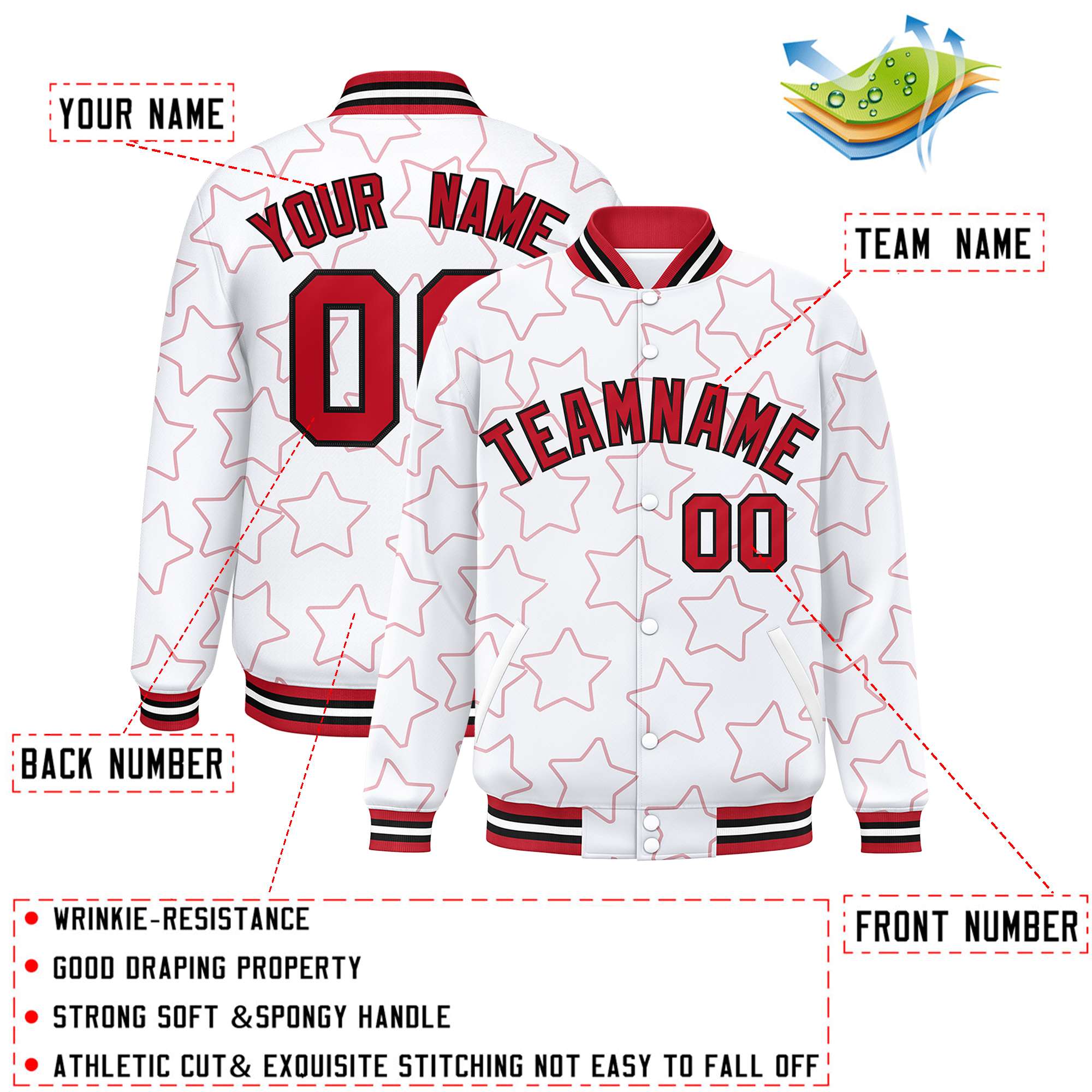 Custom White Red Varsity Full-Snap Star Pattern Letterman Baseball Jacket