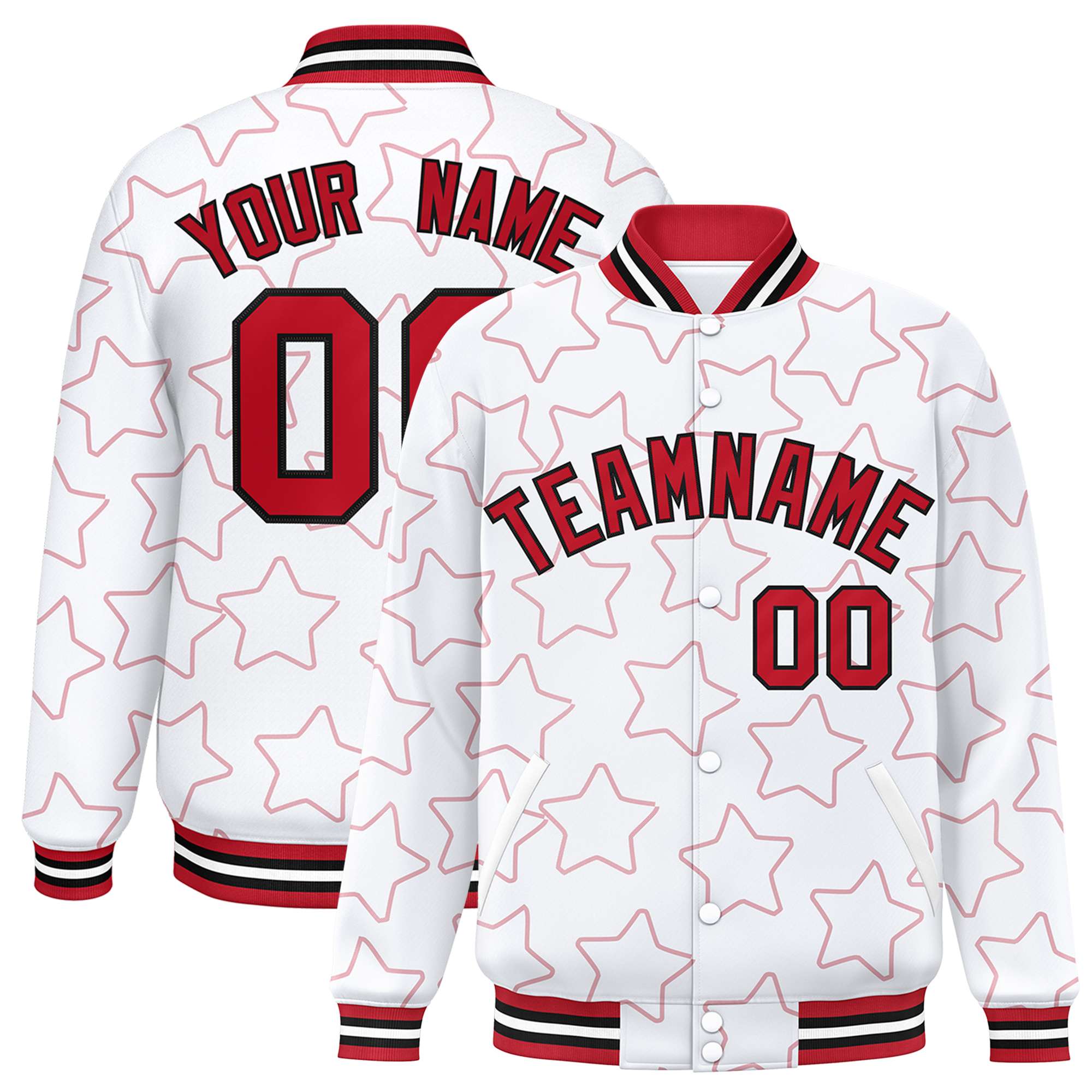 Custom White Red Varsity Full-Snap Star Pattern Letterman Baseball Jacket