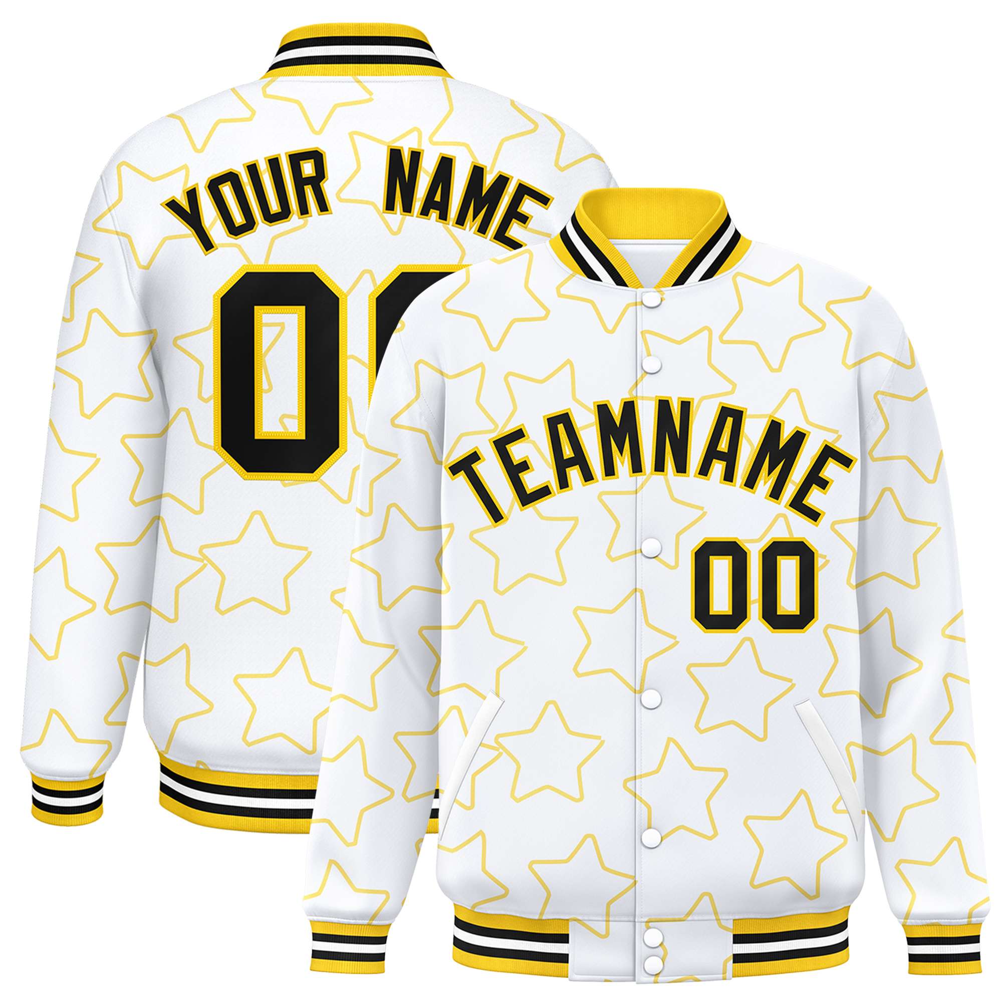 Custom White Gold Varsity Full-Snap Star Pattern Letterman Baseball Jacket