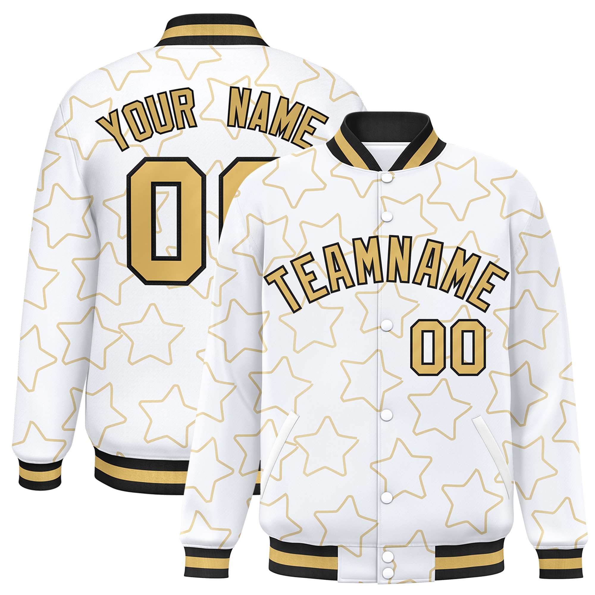 Custom White Old Gold Varsity Full-Snap Star Pattern Letterman Baseball Jacket