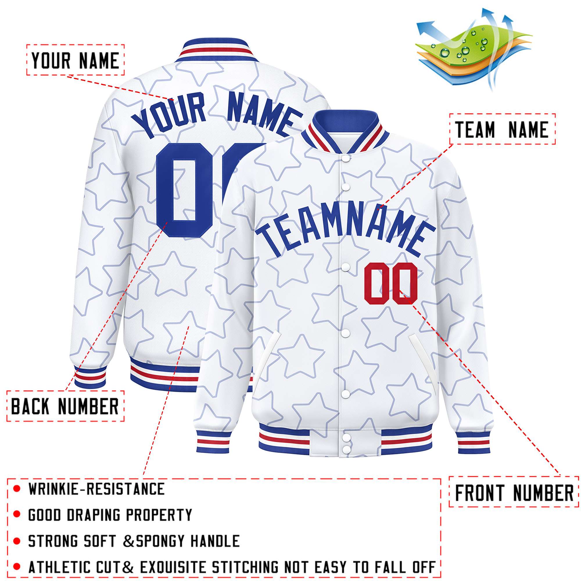 Custom White Royal Varsity Full-Snap Star Pattern Letterman Baseball Jacket