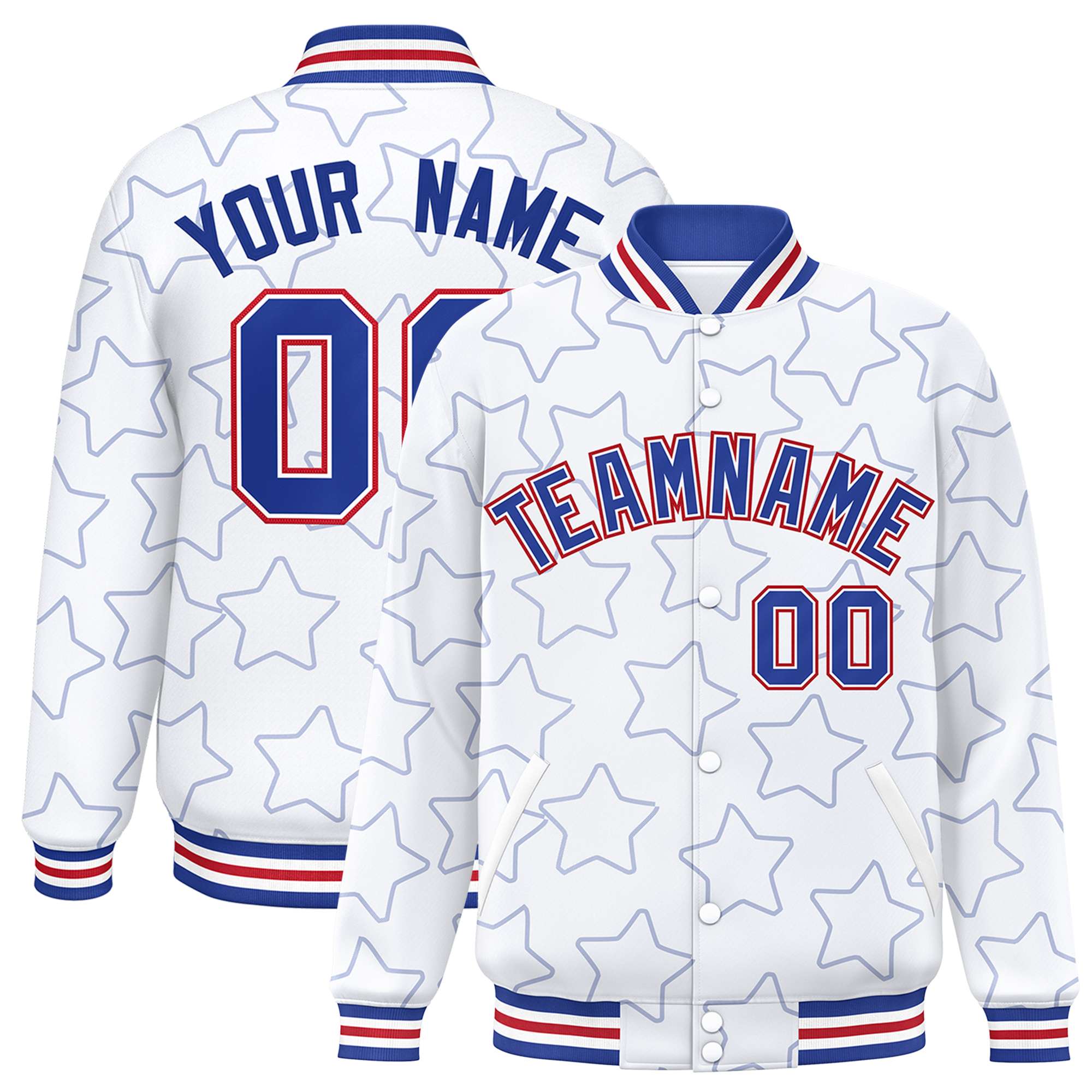 Custom White Royal Varsity Full-Snap Star Pattern Letterman Baseball Jacket