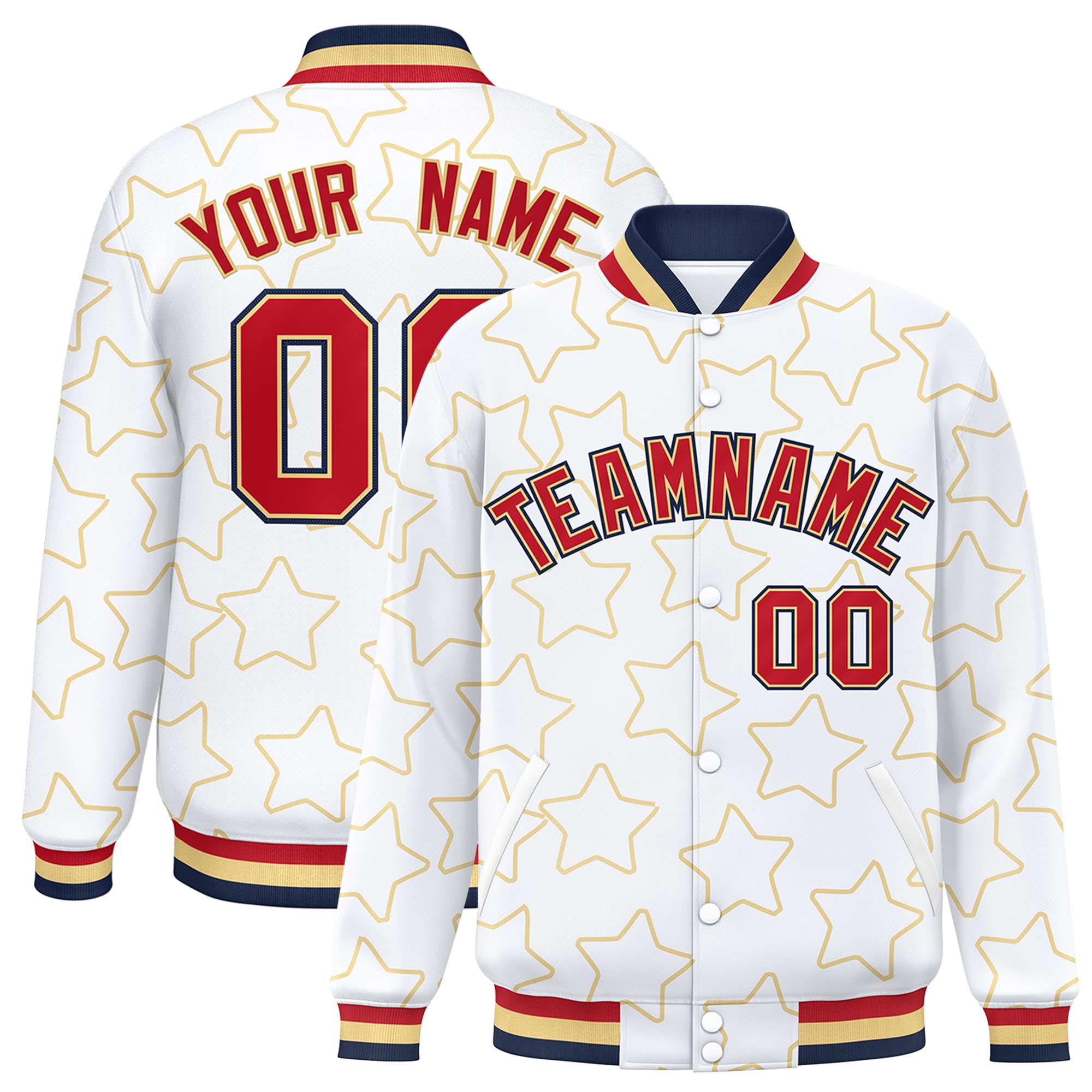 Custom White Khaki Varsity Full-Snap Star Pattern Letterman Baseball Jacket