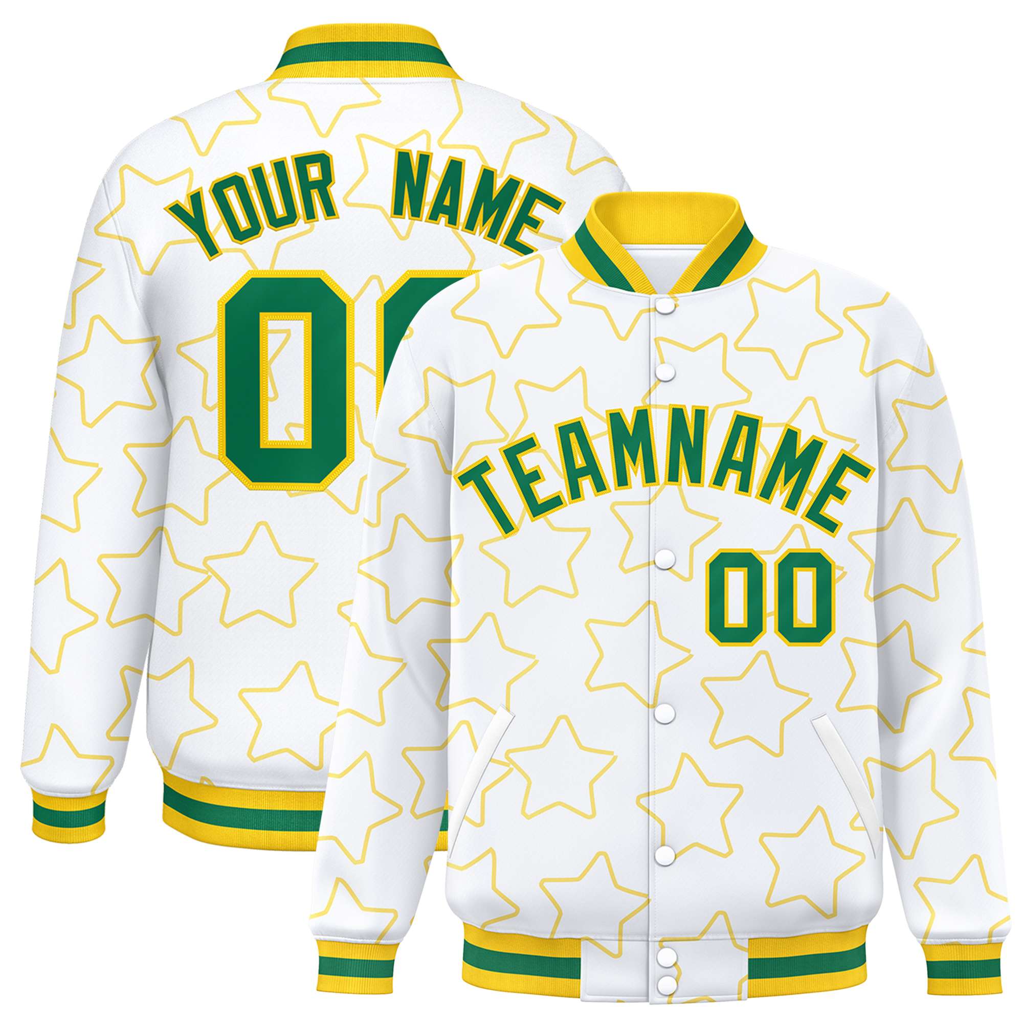 Custom White Gold Varsity Full-Snap Star Pattern Letterman Baseball Jacket