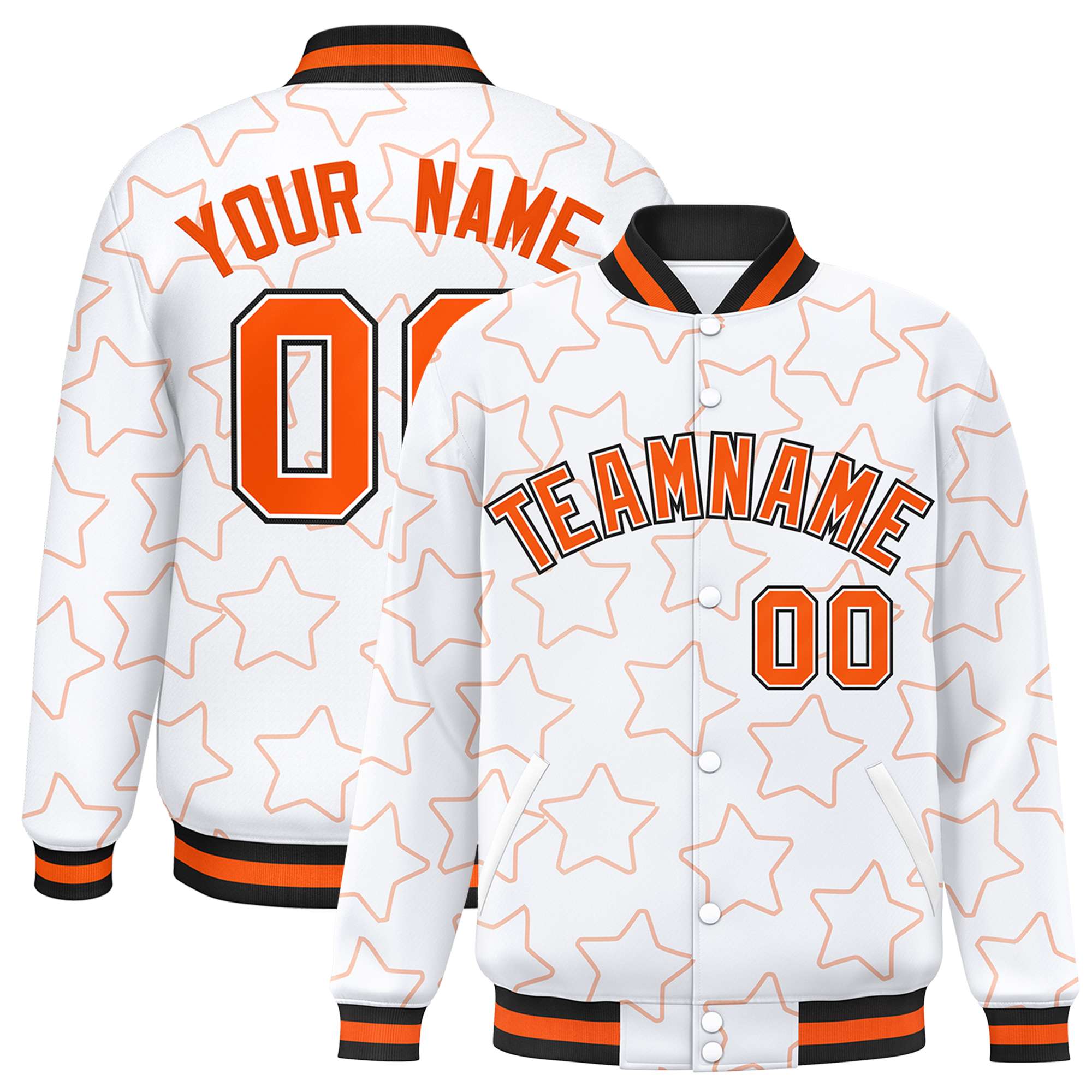 Custom White Orange Varsity Full-Snap Star Pattern Letterman Baseball Jacket