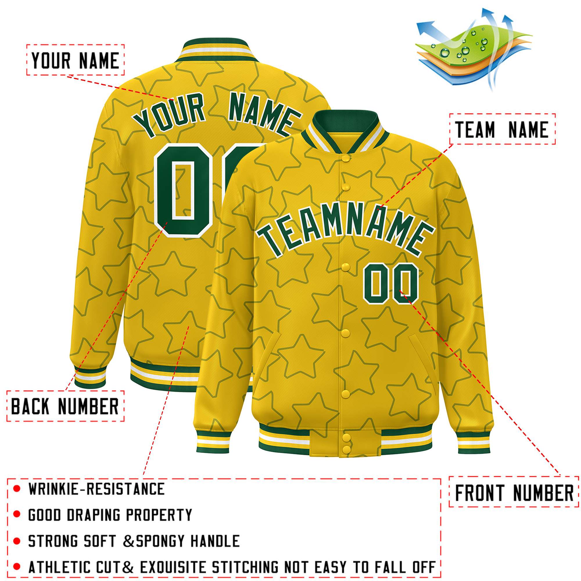 Custom Gold Green Varsity Full-Snap Star Pattern Letterman Baseball Jacket