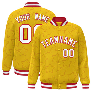 Custom Gold Red Varsity Full-Snap Star Pattern Letterman Baseball Jacket