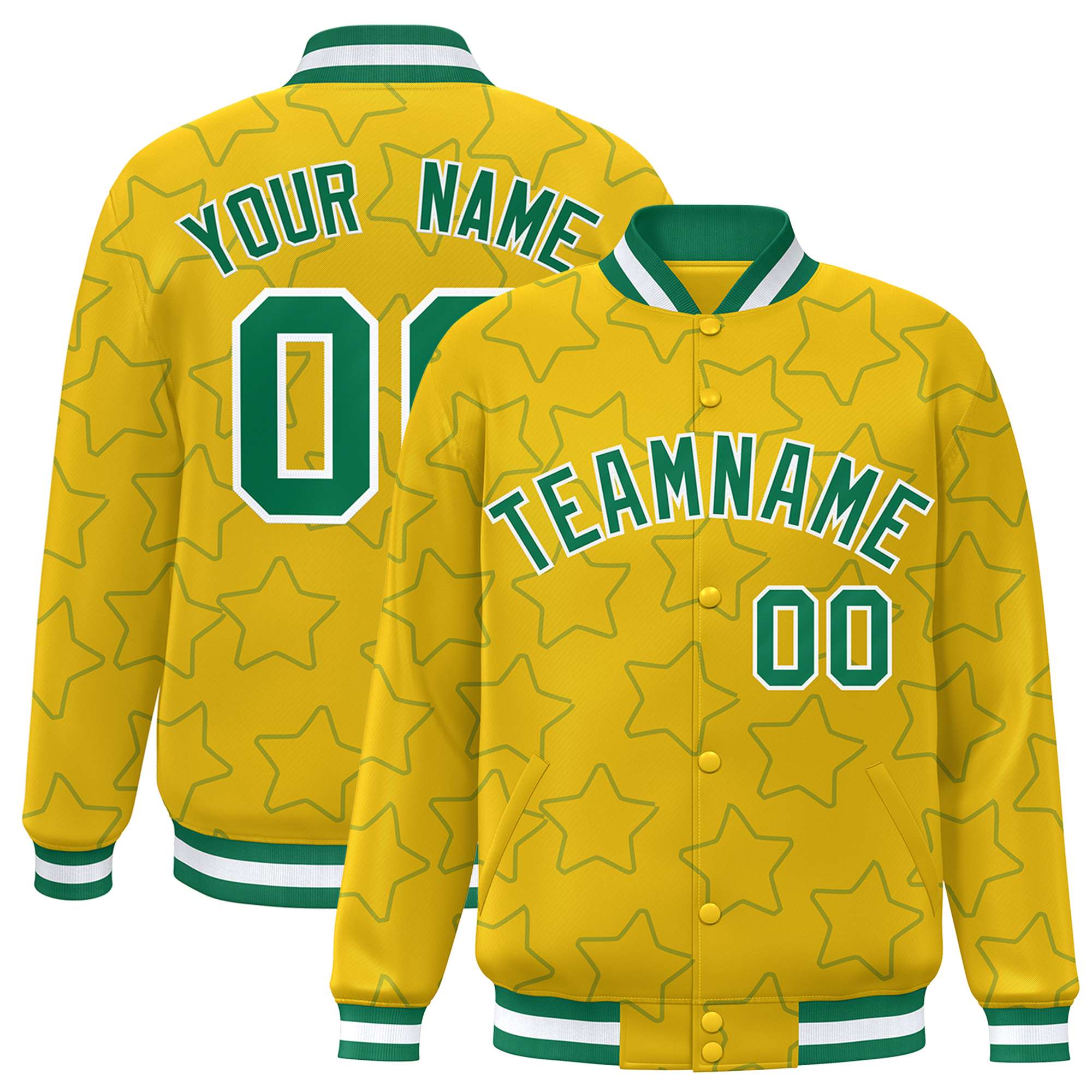 Custom Gold Kelly Green Varsity Full-Snap Star Pattern Letterman Baseball Jacket