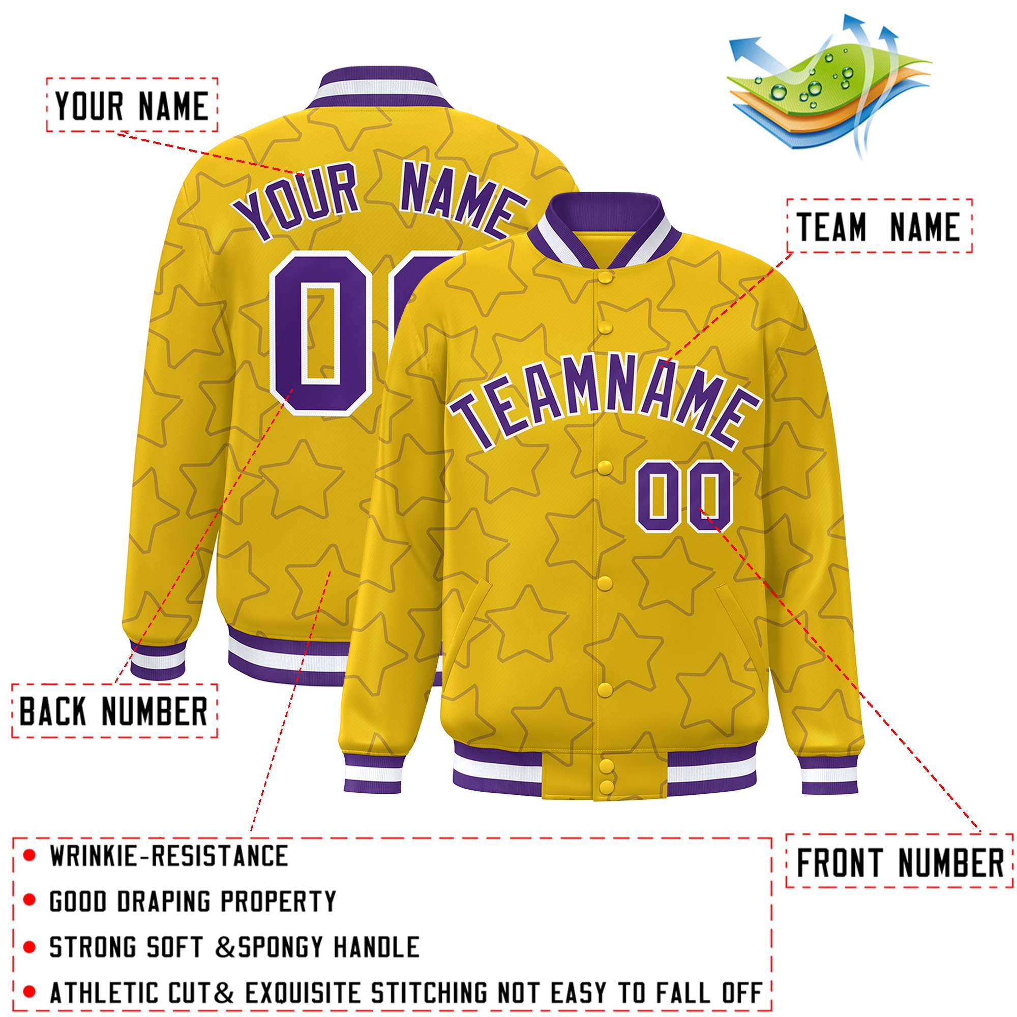 Custom Gold Purple Varsity Full-Snap Star Pattern Letterman Baseball Jacket