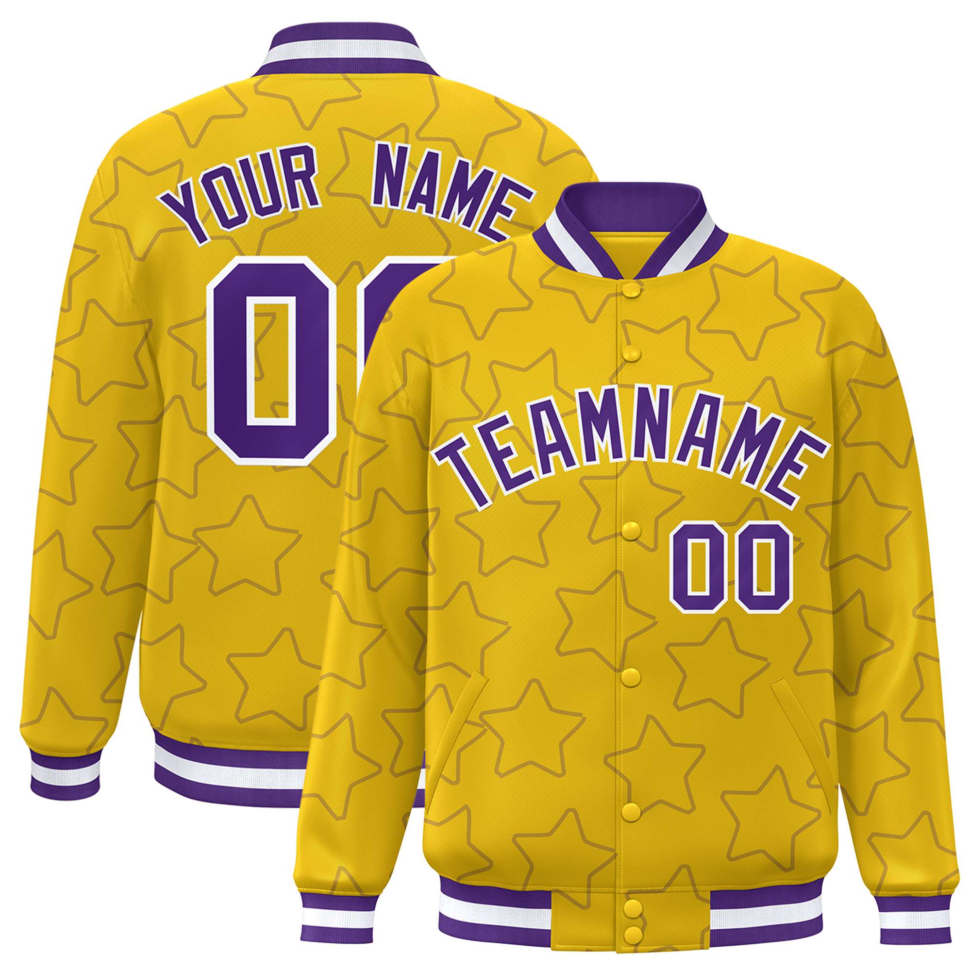 Custom Gold Purple Varsity Full-Snap Star Pattern Letterman Baseball Jacket