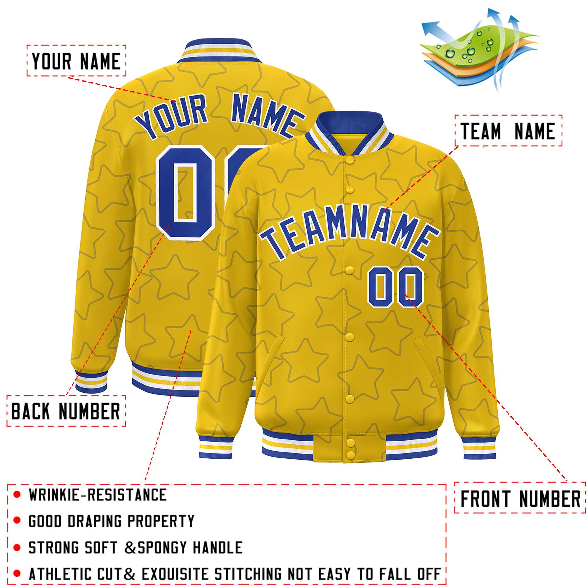 Custom Gold Royal Varsity Full-Snap Star Pattern Letterman Baseball Jacket