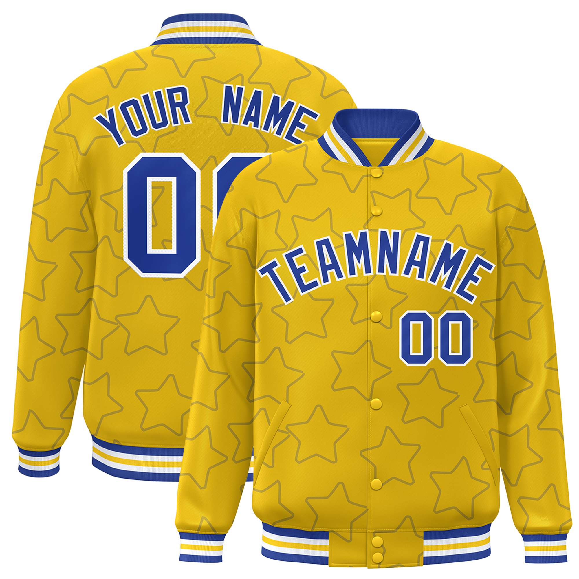 Custom Gold Royal Varsity Full-Snap Star Pattern Letterman Baseball Jacket